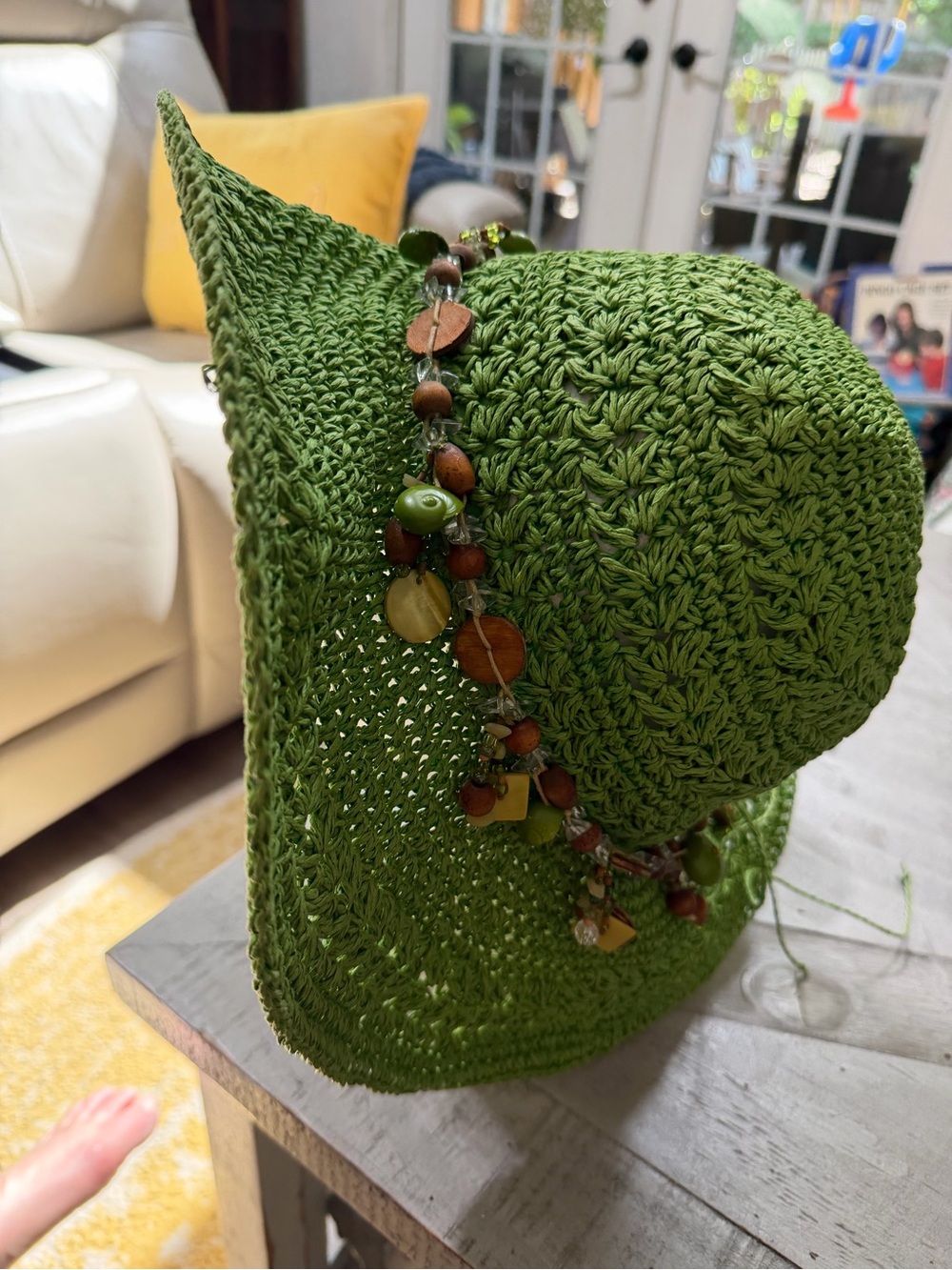 Cappelli Straworld Sage Green Paper Braid Crochet Hat with wooden beads shells